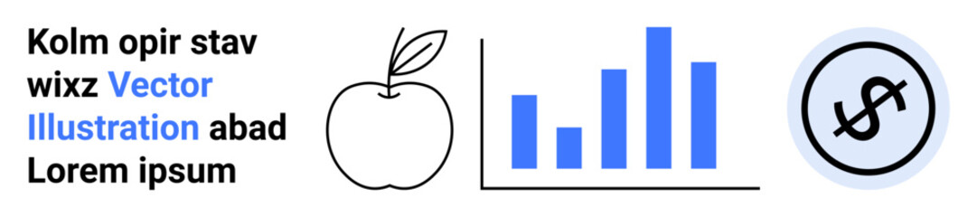 Apple with leaf, bar graph in blue, and dollar sign in circle. Ideal for health, data analysis, finance, education, business strategy, marketing simple landing page