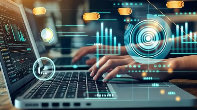 In a dynamic workspace, eager hands type on laptops, showcasing realtime data analytics and engaging interfaces, symbolizing the innovative intersection of technology and business