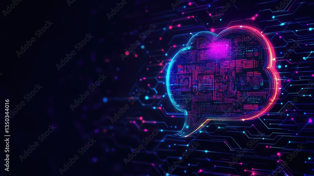 Poster a glowing text bubble with an ai circuit background symbolizing natural language ai.