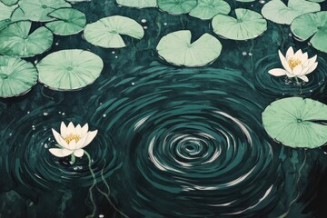Water Lilies and Concentric Circles in a Teal Pond