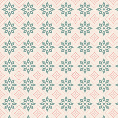 Fototapeta premium Seamless floral pattern design featuring turquoise flowers and coral diamonds on a soft cream background. Decorative pattern for wallpapers, textiles, packaging, backgrounds, cards, and home decor.