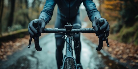 Cyclist riding gravel bike on wet forest road in autumn