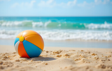 Colorful beach ball on sandy shore with ocean waves in blur background. Summer vacation and travel concept. Coastal fun and leisure theme with copy space