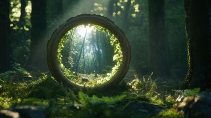 A wooden portal frames a bright and verdant forest scene