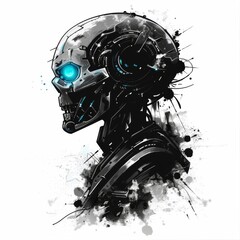 T-shirt design of a cyberpunk android, metallic, sleek, robotic, with a glowing core. Suitable for t-shirt or sticker ready to print