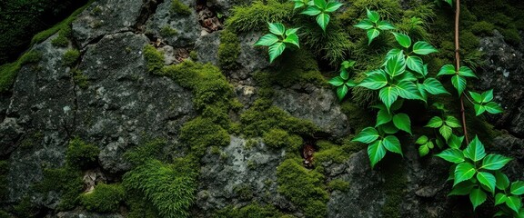 Obraz premium Emerald moss and leaves cling to rough, aged stone , lush, macro