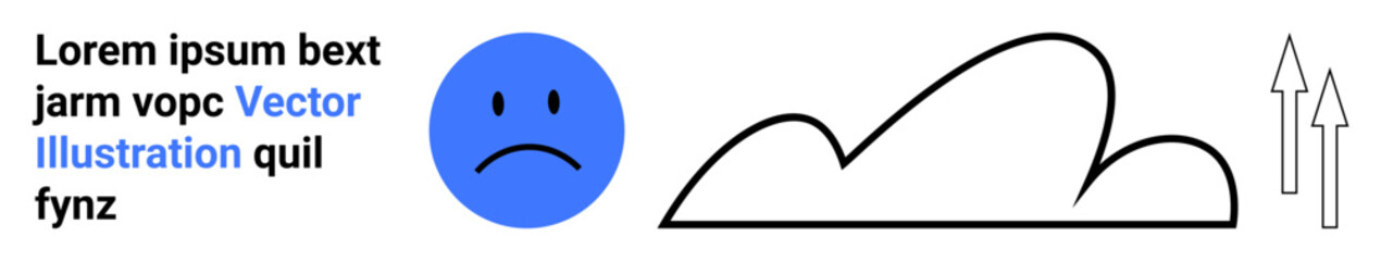 Blue sad face expressing emotion, abstract cloud suggesting thoughts or ideas, and three upward-pointing arrows representing growth, progress, and potential. Ideal for psychology, self-improvement
