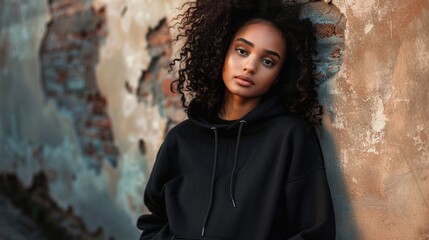 Young woman with urban wall, and sunset.