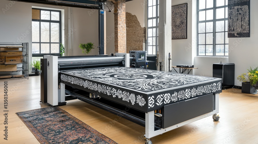 Poster a high-speed ceramic tile printing machine adding intricate decorative patterns.