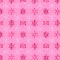 Pink snowflake pattern background with white and dark pink snowflakes, decorative geometric design for festive cards, banners, wrapping paper, and holiday decor.
