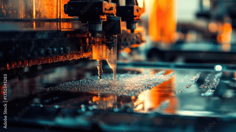 Poster a high-speed glass printing process adding intricate patterns and textures.