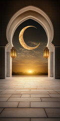 Elegant Arabian archway under a twilight sky with lanterns and warm hues