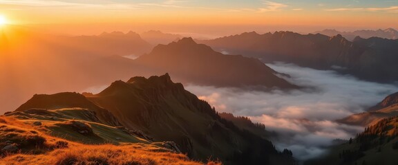 Naklejka premium Golden sunrise paints alpine peaks, mist clinging to valleys below, breathtaking, image, texture