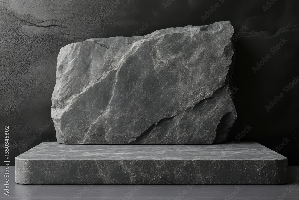 Poster a large gray rock sits atop a matching platform against a dark textured backdrop in a studio setting