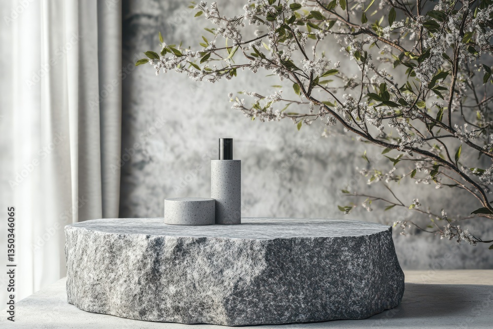 Poster minimalist product display on a stone platform with a bottle and a small container against a texture