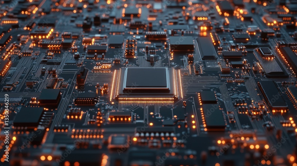 Poster a high-tech circuit board with microprocessors and complex connections.