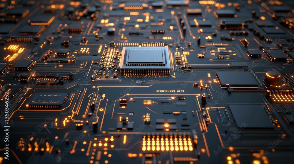 Poster a high-tech circuit board with microprocessors and complex connections.