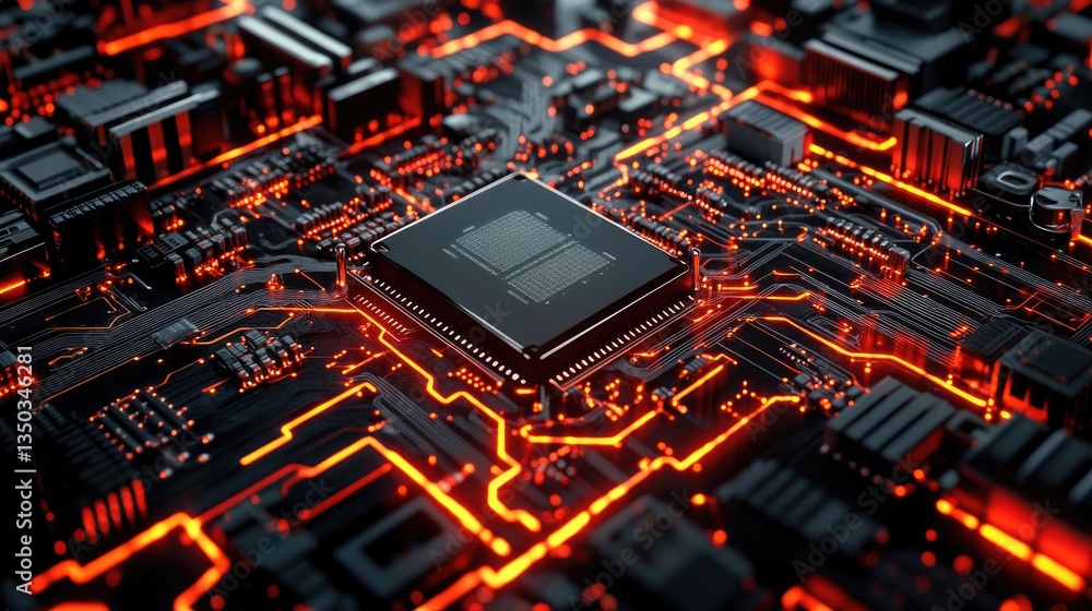 Poster a high-tech circuit board with microprocessors and complex connections.