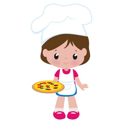 Cute little  girl  chef with pizza  vector cartoon illustration