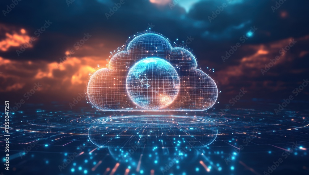 Poster a cloud technology icon with a globe hologram in the center on a dark blue background a futuristic a