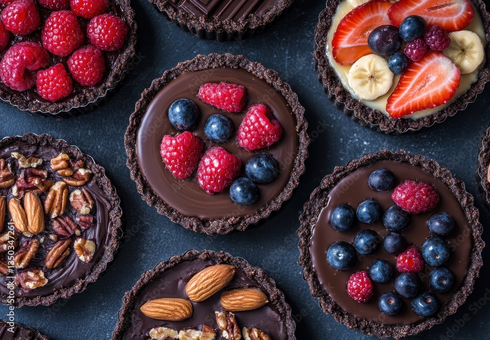 Aufkleber assorted chocolate tarts with fresh berries and nuts on a dark surface creating an inviting dessert 