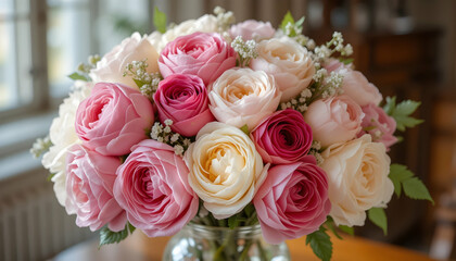 Obraz premium Beautiful bouquet of pink and cream roses perfect for weddings anniversaries or romantic occasions