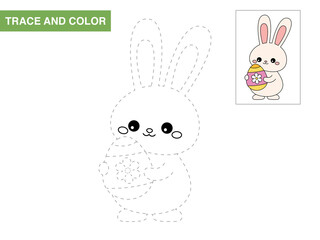 Easter bunny tracing and coloring worksheet for kids. Fun educational activity with a cute rabbit holding an Easter egg. Vector illustration.