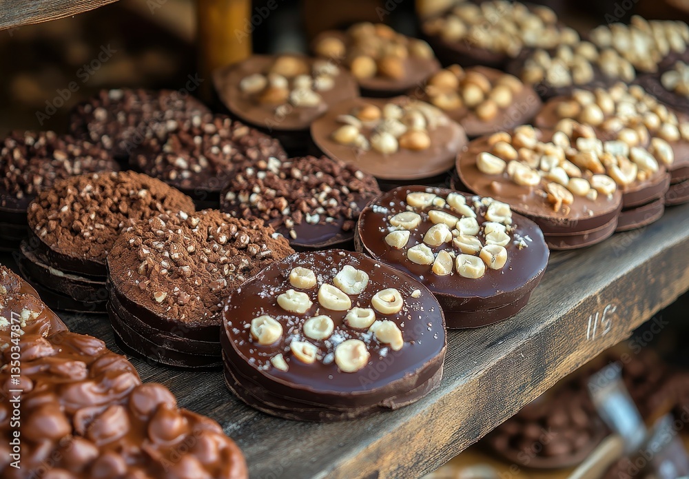 Poster assorted handmade chocolates displayed at a rustic shop with varied textures and toppings in natural