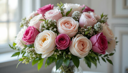 Obraz premium Beautiful bouquet of pink and white roses perfect for Mothers Day Valentines Day or a romantic gesture