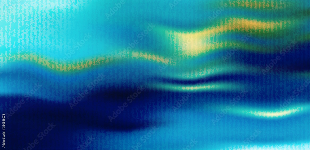 Poster blurry gradient background with fluid blue and gold waves. oceanic pattern with grain texture overla