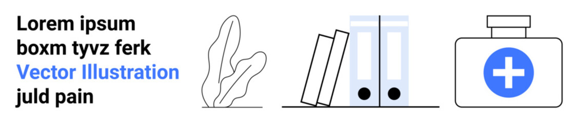 Succulent plant, two tilted books, standing folders, and a medical box with a cross. Ideal for health, workspace, education, organization, minimalism productivity simple landing page