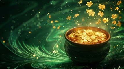 Digital art of a pot full of gold, rich golden glow reflecting off shamrocks, set against an abstract green swirl pattern, perfect holiday design