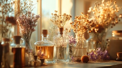 Sunlit Still Life with Dried Flowers and Glass Bottles
