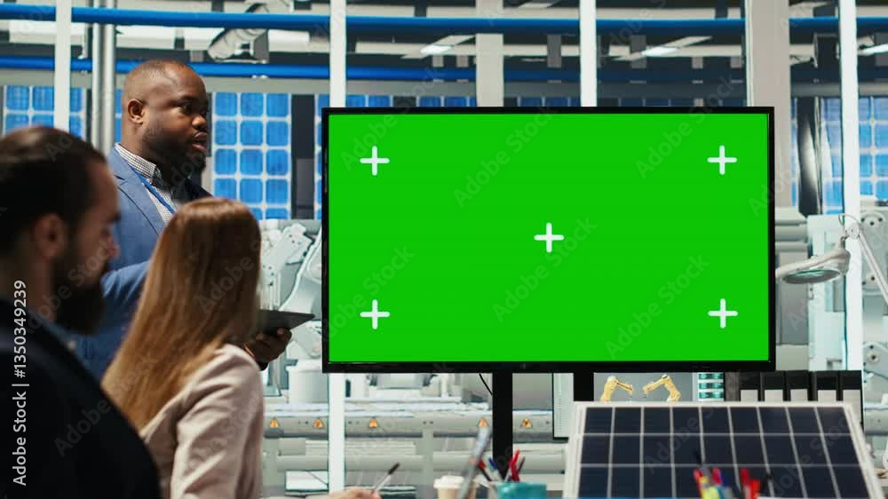 Poster managers in office reviewing solar technology reports on green screen monitor. shareholders using mo