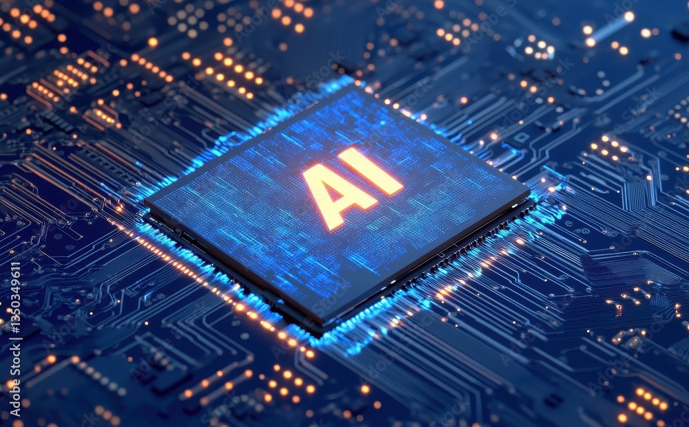 Poster blue circuit board with ai chip highlighted, modern technology concept representing artificial intel