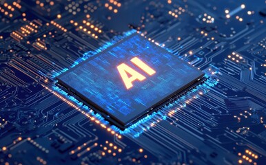 Obraz premium Blue Circuit Board with AI Chip Highlighted, Modern Technology Concept Representing Artificial Intelligence and Data Processing Innovations
