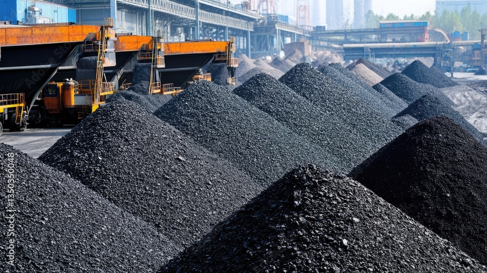 Poster a massive ore stockpile with automated loaders transferring material for processing.