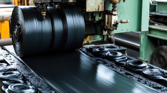A massive rubber vulcanization press applying heat and pressure to harden rubber sheets.