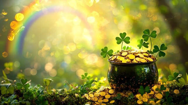 Vibrant St. Patricks Day banner featuring a pot of shimmering gold coins, surrounded by lush clover leaves and a bright rainbow arch, festive mood