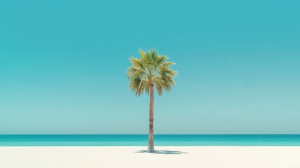 Obraz premium Lone palm tree on beach, clear sky, ocean view; travel postcard