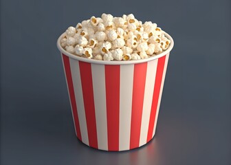 Popcorn Bucket Delight: A classic red and white striped popcorn bucket overflows with freshly popped, fluffy popcorn, a nostalgic treat.