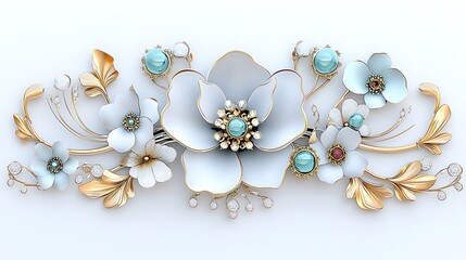 Elegant Gold and White Floral Arrangement with Turquoise Gemstones and Pearls Decorative Design