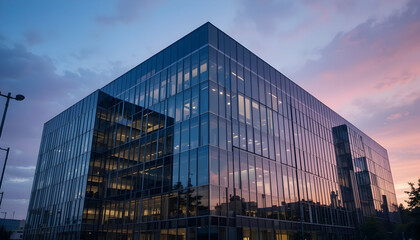 Modern glass office building exterior at sunset reflecting city skyline corporate architecture business workspace