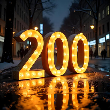 las vegas sign at night, las vegas 200 yellow sign, The number 200 illuminated in neon lights, set against a dark cityscape at night, 200 yellow light, 200 golden days