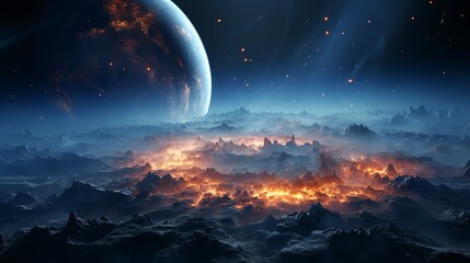 Fiery Alien Planet: A breathtaking panorama of a volcanic exoplanet under a vibrant, star-studded sky, showcasing a fiery landscape and a majestic celestial body.