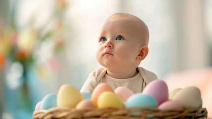 Fototapeta premium Baby Sitting in Basket Surrounded by Pastel Easter Eggs in Soft Morning Light With Blurred Floral Background