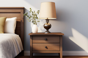 Sunlight illuminating bedroom with nightstand, lamp and vase