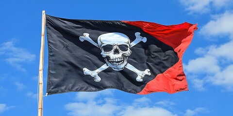 Pirate flag with skull and crossbones flying against a dramatic sky background