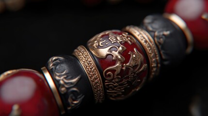 Ornate beaded necklace with intricate gold accents and dark elements.  Red gemstones and black detailing create a striking contrast, showcasing fine craftsmanship