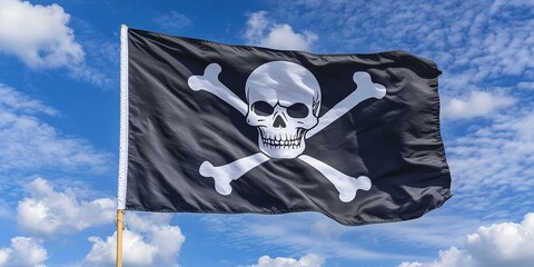 Pirate flag with skull and crossbones flying against a dramatic sky background